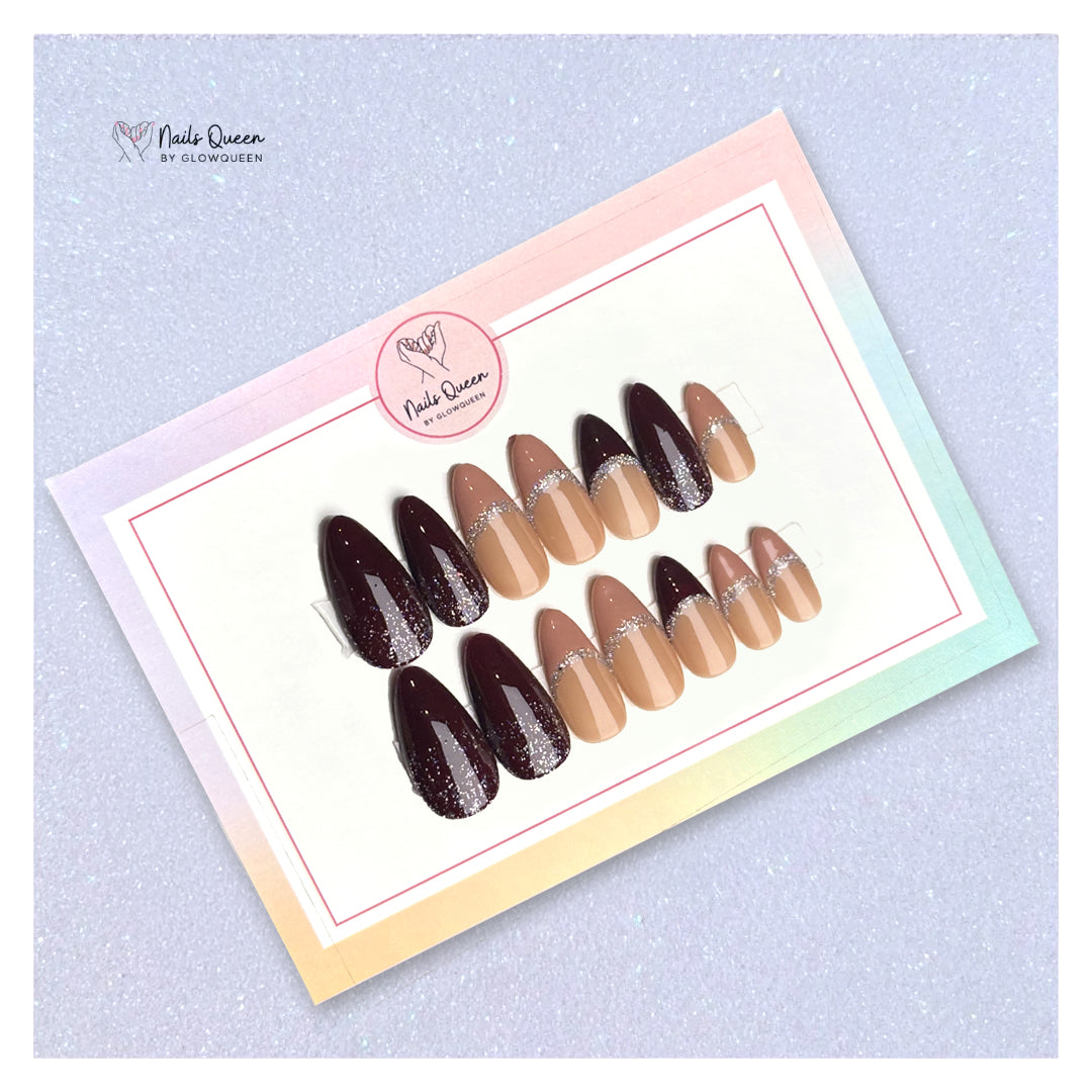 Glittery Nude & Wine Custom Handmade Nails