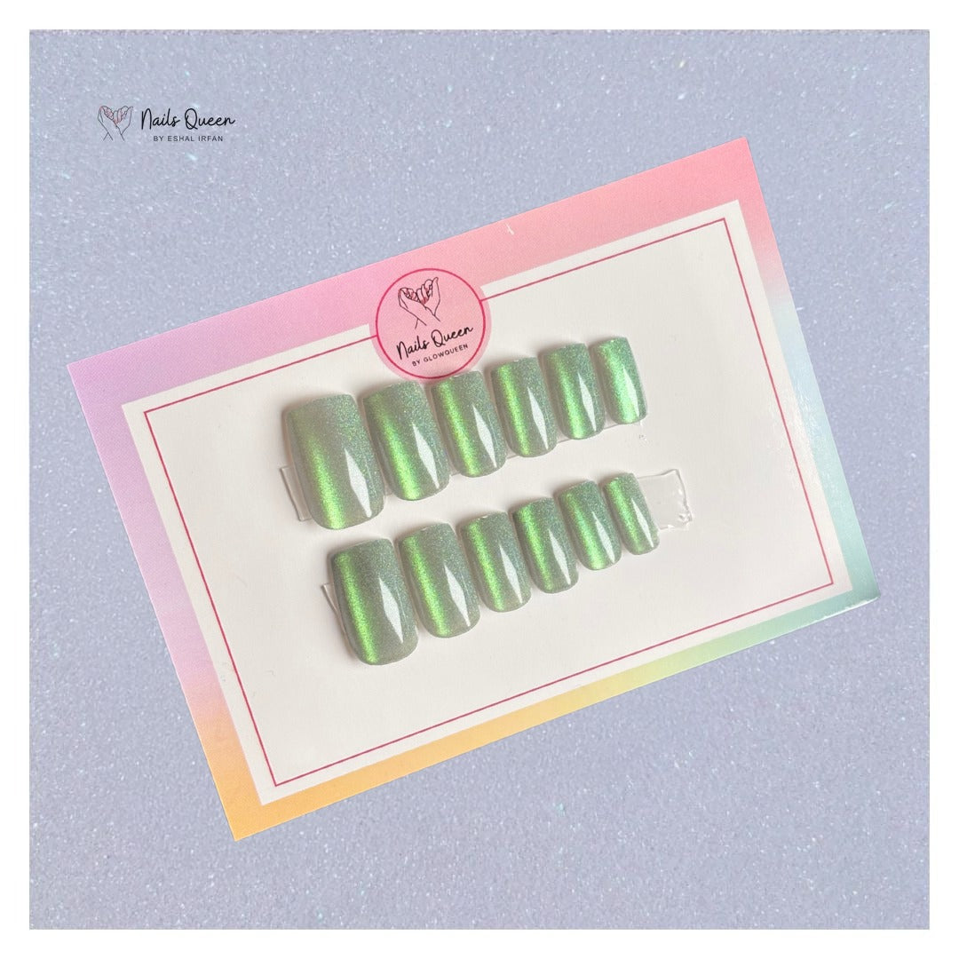 Green Cat Eye Square Synthetic Press-On Nails