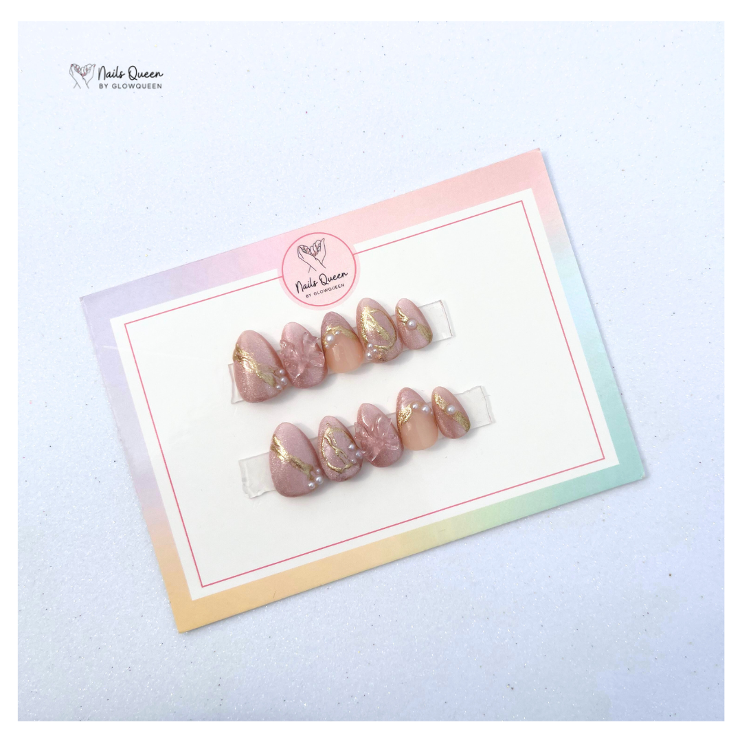 Soft pink with gold shine press on nails