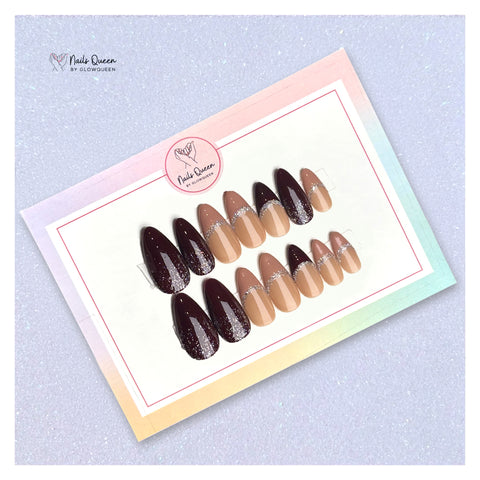 Glittery Nude & Wine Custom Handmade Nails