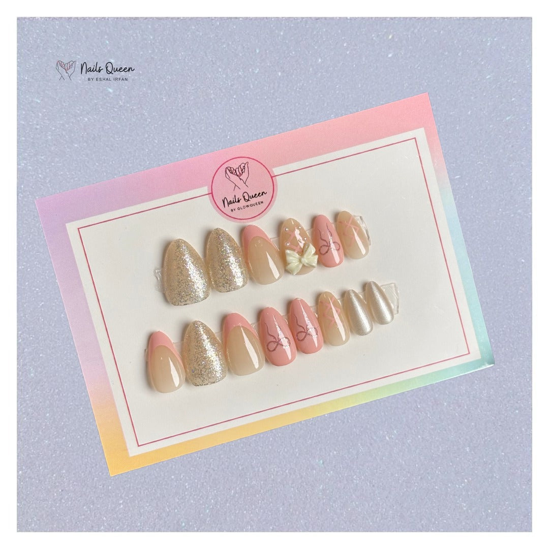 Pink Bow Almond Synthetic Press-On Nails