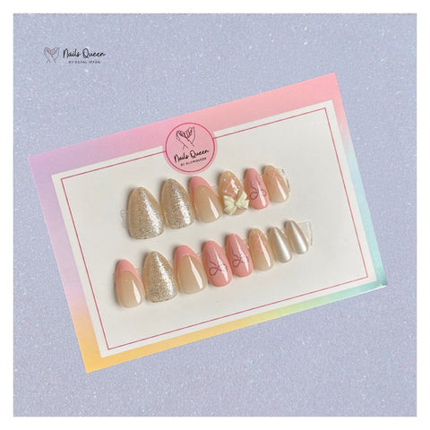 Pink Bow Almond Synthetic Press-On Nails