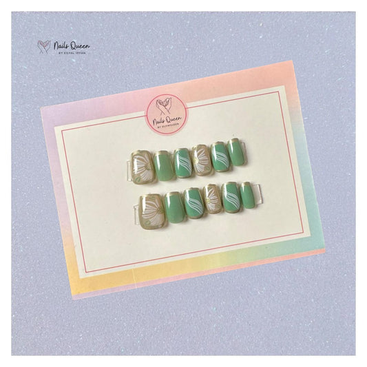 Floral green cat eye Synthetic Press-On Nails